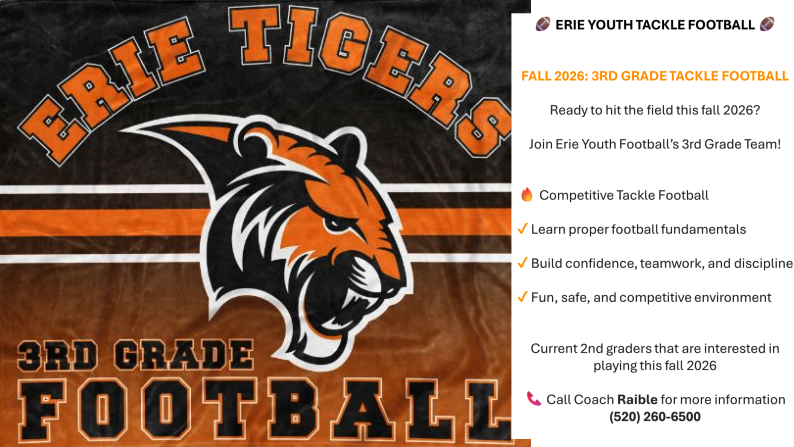 Erie Youth Tackle Football announcement for 3rd graders in fall 2026, featuring a tiger mascot and key program details.