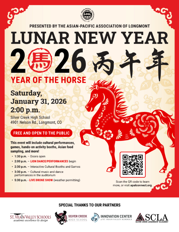 Lunar New Year celebration poster featuring a red horse, event details for January 31, 2026, at Silver Creek High School.
