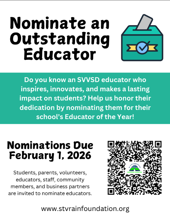 Poster inviting nominations for an outstanding SVVSD educator, with a deadline of February 1, 2026, and a QR code.