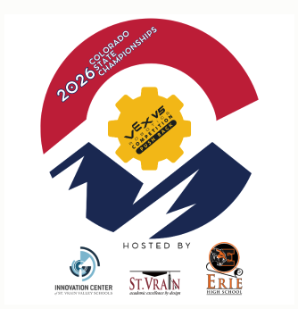 Logo for the 2026 Colorado State Championships, featuring VEX Robotics, hosted by local schools and organizations.