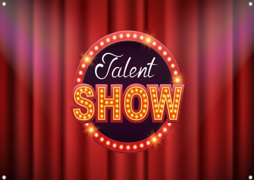 A vibrant poster featuring the words "Talent Show" in bright lights against a red curtain backdrop.