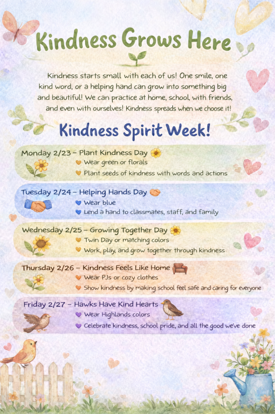 Colorful poster promoting "Kindness Spirit Week" with daily themes and activities to encourage kindness at school.