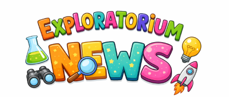 Colorful text logo for "Exploratorium News" with science-themed icons like a flask, binoculars, and a rocket.