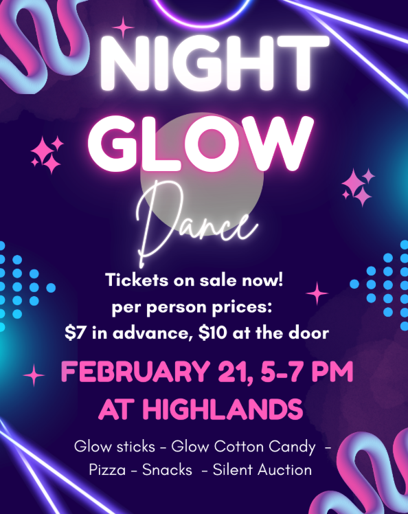 Promotional poster for a glow dance event on February 21, featuring ticket prices, snacks, and activities listed.