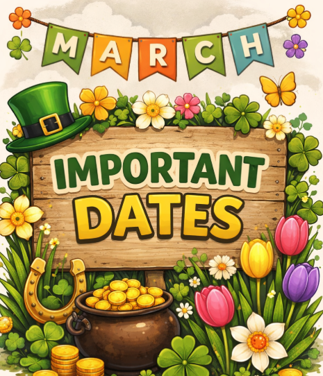 Colorful illustration for March featuring a sign that reads "Important Dates," surrounded by flowers and a pot of gold.