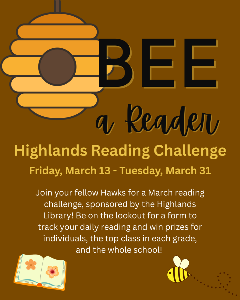 Graphic promoting the Highlands Reading Challenge, featuring a beehive, dates, and details about prizes and participation.