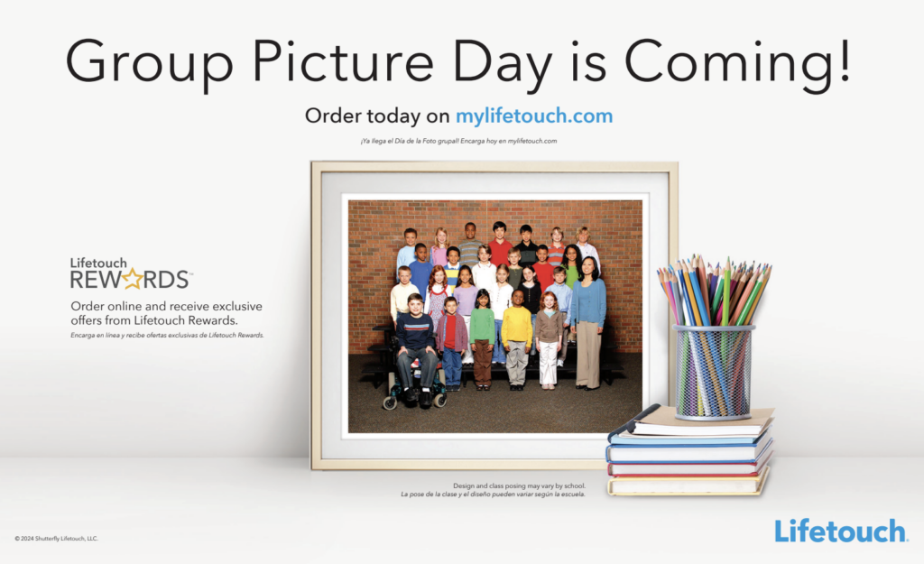Promotional image for Group Picture Day featuring a large group of children and adults, with text and colorful pencils.
