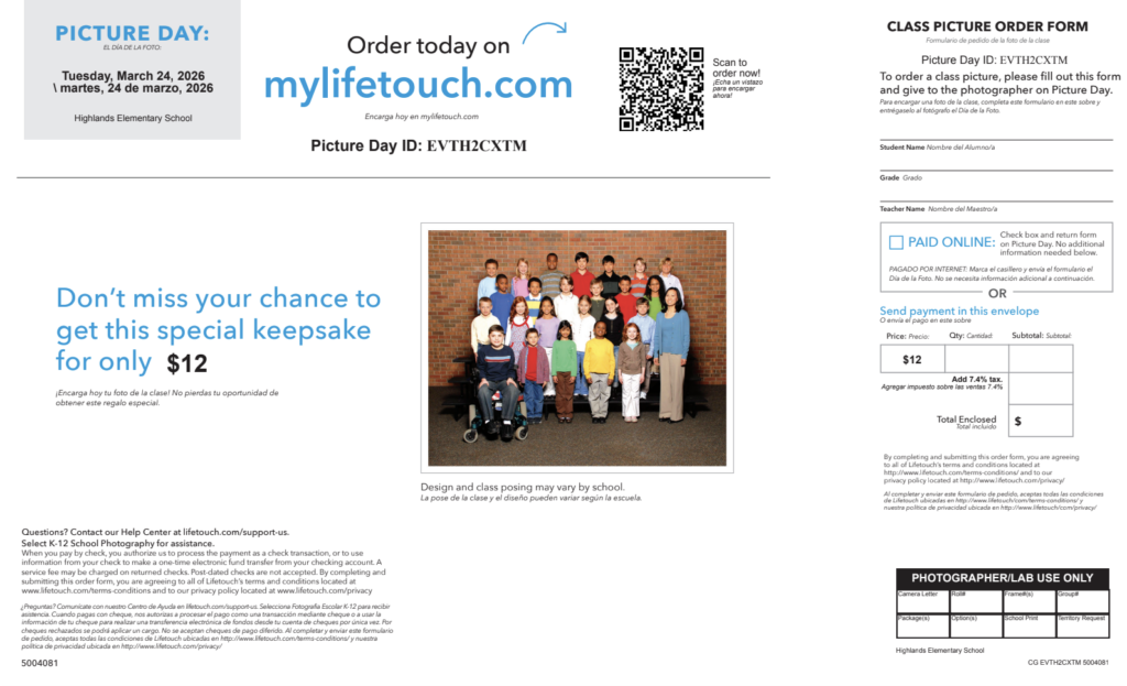 Class picture day announcement for Highlands Elementary School on March 24, 2026, with ordering details and pricing.