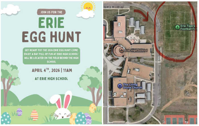 Graphic promoting the Erie Egg Hunt on April 4, 2026, with a map showing Erie High School and the football field location.
