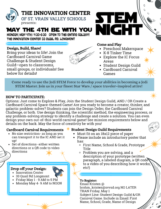 Event flyer for a STEM Night at The Innovation Center, featuring activities, participation details, and registration info.