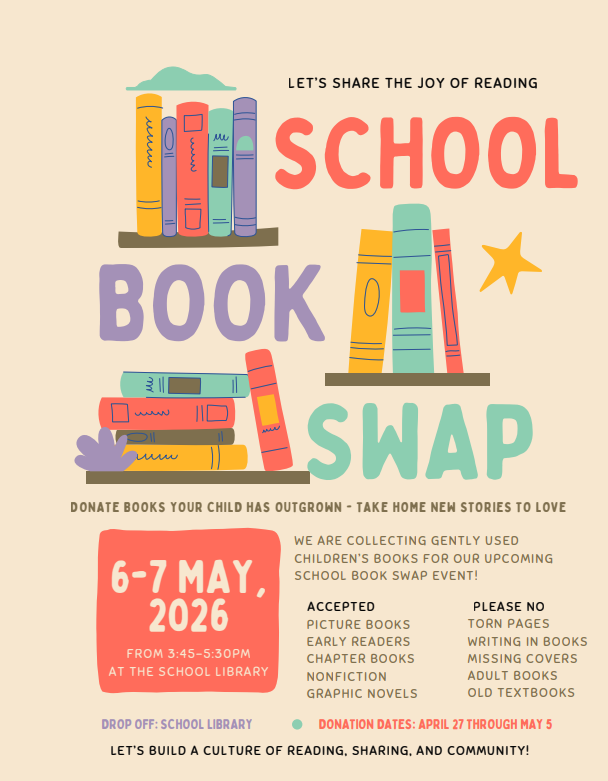 Colorful poster for a school book swap event on May 6-7, 2026, featuring donation details and accepted book types.