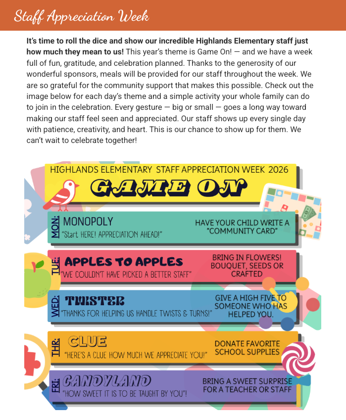 Colorful poster for Highlands Elementary Staff Appreciation Week 2026, featuring daily themes and activities for celebration.