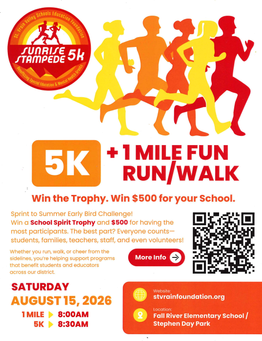 Promotional flyer for Sunrise Stampede 5K and 1 Mile Fun Run/Walk on August 15, 2026, at Fall River Elementary.